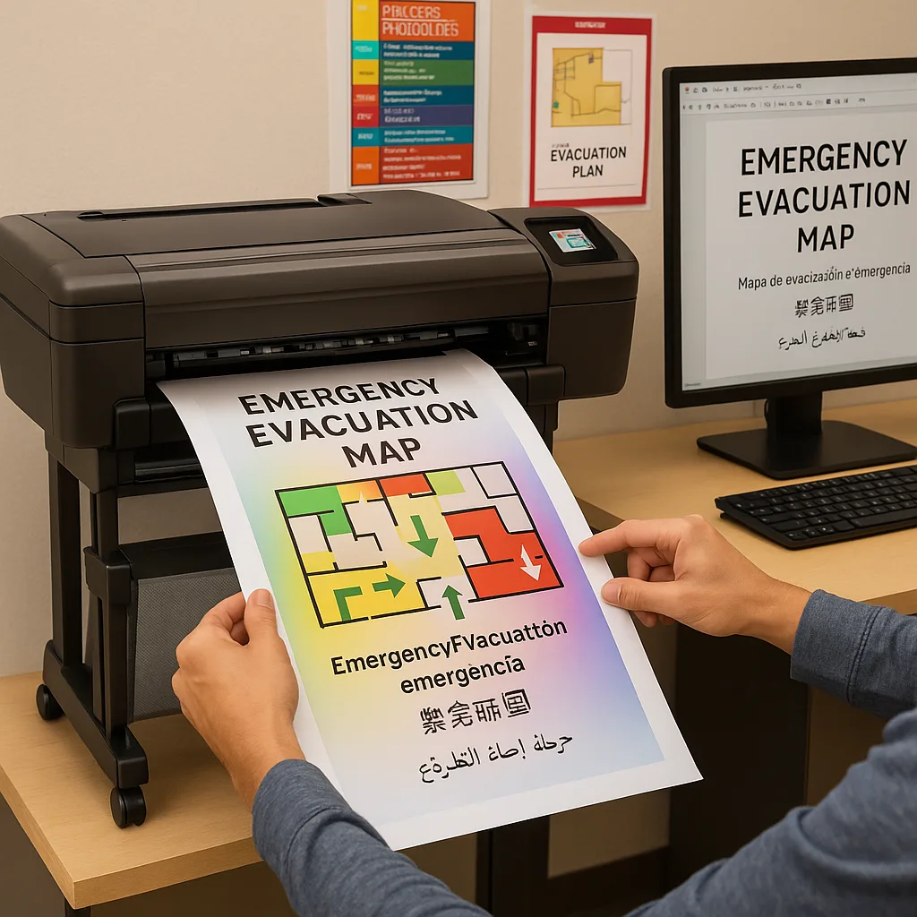 A close-up view of hands operating a color poster maker for schools, printing a multilingual emergency evacuation map. The poster shows clear visual symbols, color-coded zones, and directional A close-up view of hands operating a color poster maker for schools, printing a multilingual emergency evacuation map. The poster shows clear visual symbols, color-coded zones, and directional