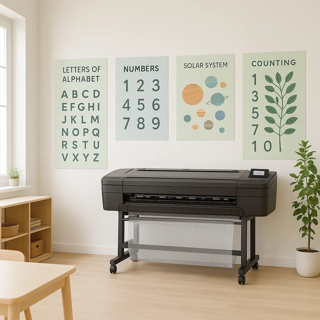 A bright, calming classroom environment soft sage green and pale blue educational posters on white walls plenty of open space between displays. The posters show simple, clear educational content