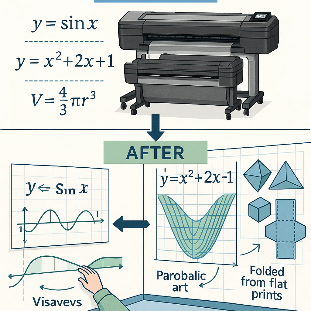 Design a infographic the transformation of abstract math concepts into visual learning tools. Split the image into "before" and "after" sections - the before traditional textbook equations and