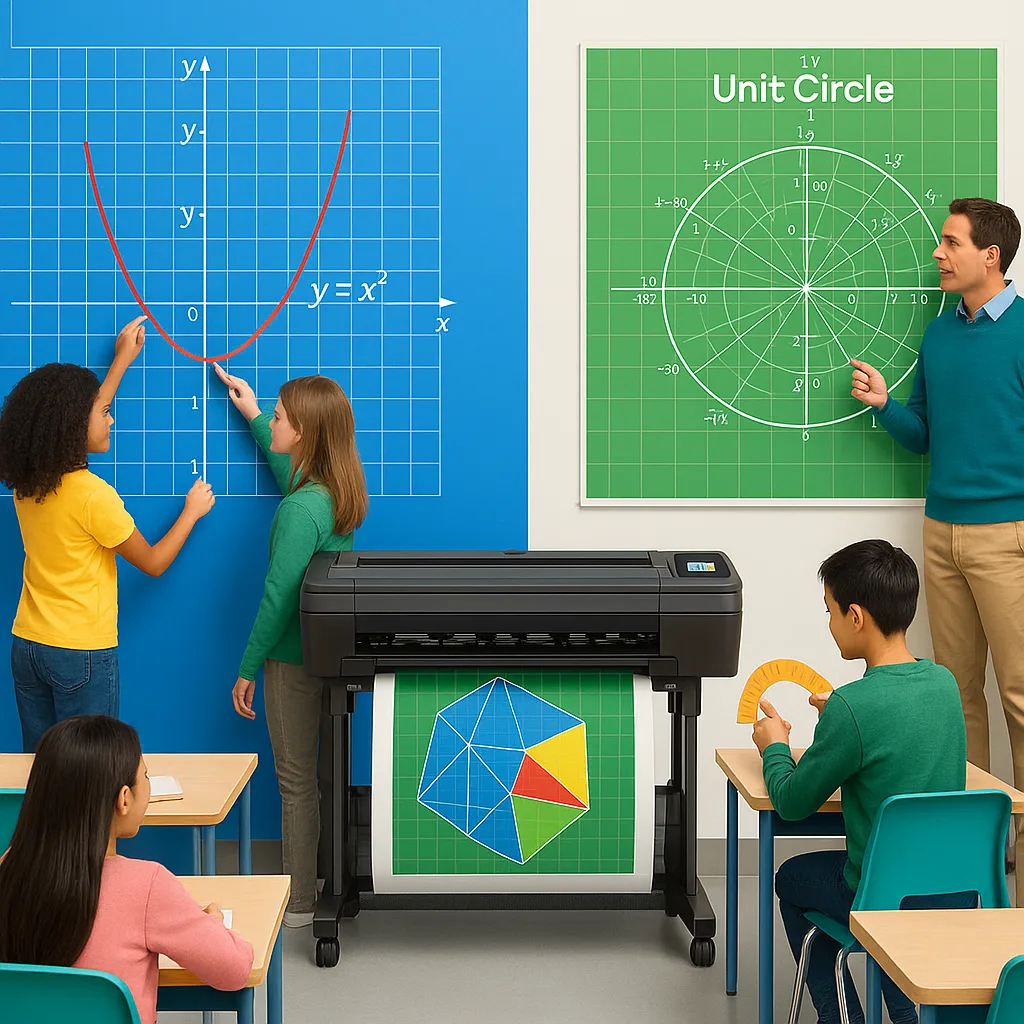 A vibrant, educational scene a mathematics classroom floor-to-ceiling coordinate planes and 3D geometric shapes printed on large posters. Include diverse students actively engaging wall-mounted