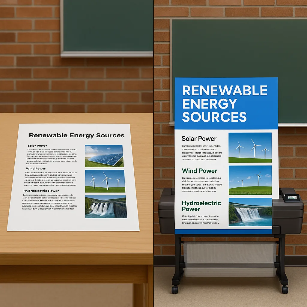Split-screen comparison the same student project documented two ways: left side shows a basic text document small photos, right side shows a large-format poster high-resolution images, clear Split-screen comparison the same student project documented two ways: left side shows a basic text document small photos, right side shows a large-format poster high-resolution images, clear