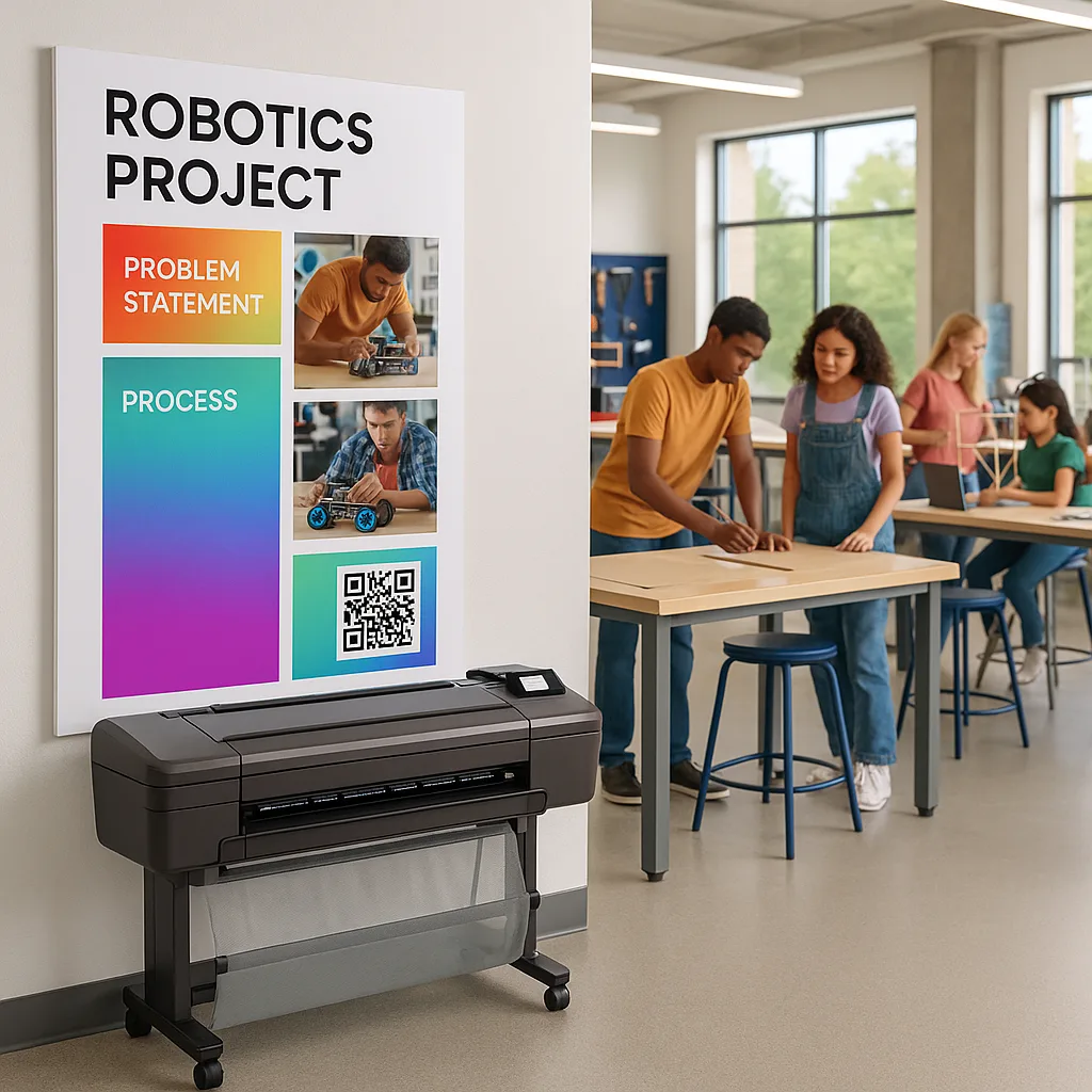 A bright, high school makerspace students actively working on various projects. In the foreground, show a large-format poster display (36″ wide) mounted on the wall a student’s robotics project A bright, high school makerspace students actively working on various projects. In the foreground, show a large-format poster display (36" wide) mounted on the wall a student's robotics project