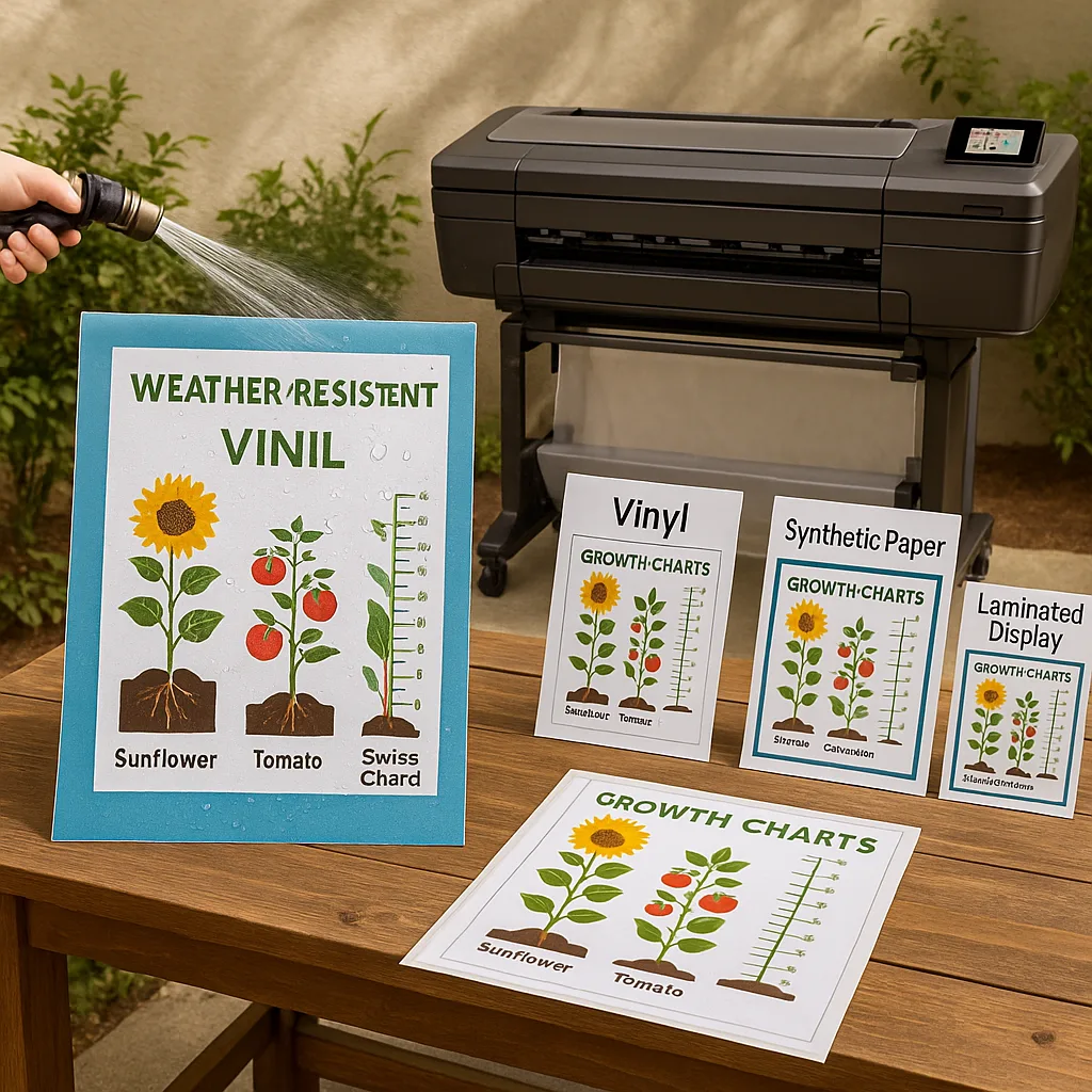 Close-up view of weather-resistant vinyl poster material being tested water spray in an outdoor setting. Show water beading on the surface while printed plant growth charts remain completely Close-up view of weather-resistant vinyl poster material being tested water spray in an outdoor setting. Show water beading on the surface while printed plant growth charts remain completely