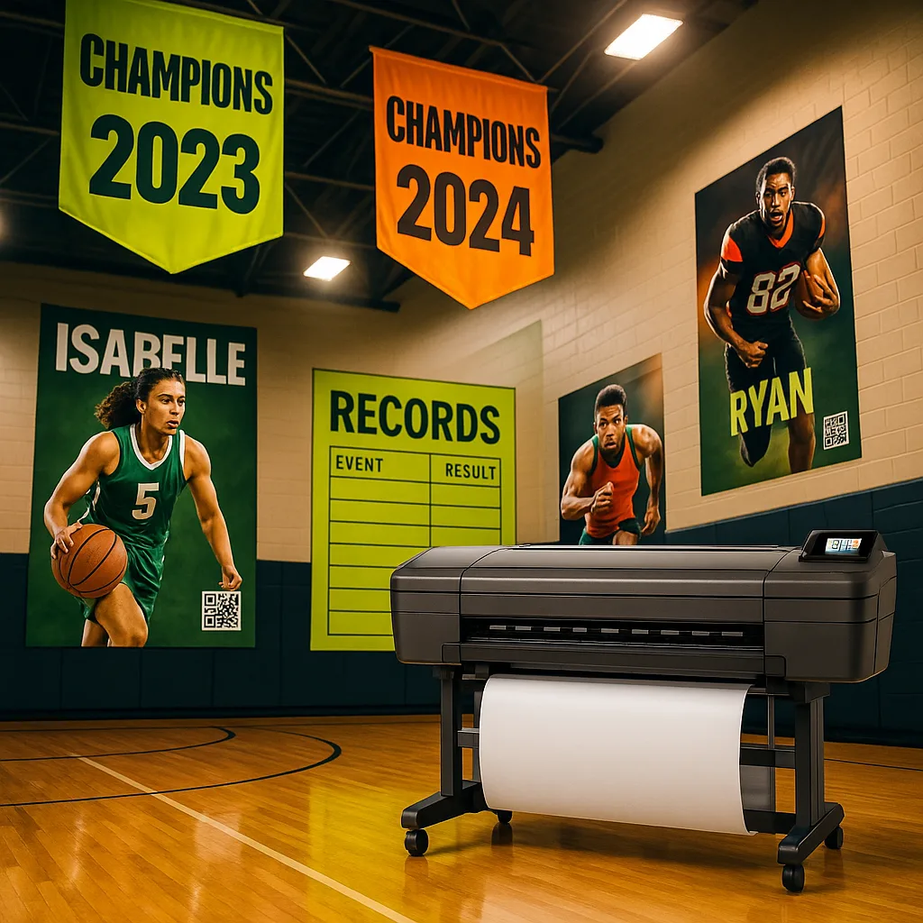 A dynamic, gymnasium interior showcasing multiple athletic displays created a poster maker machine. Feature championship banners in neon lime and orange hanging from the rafters, player spotlight