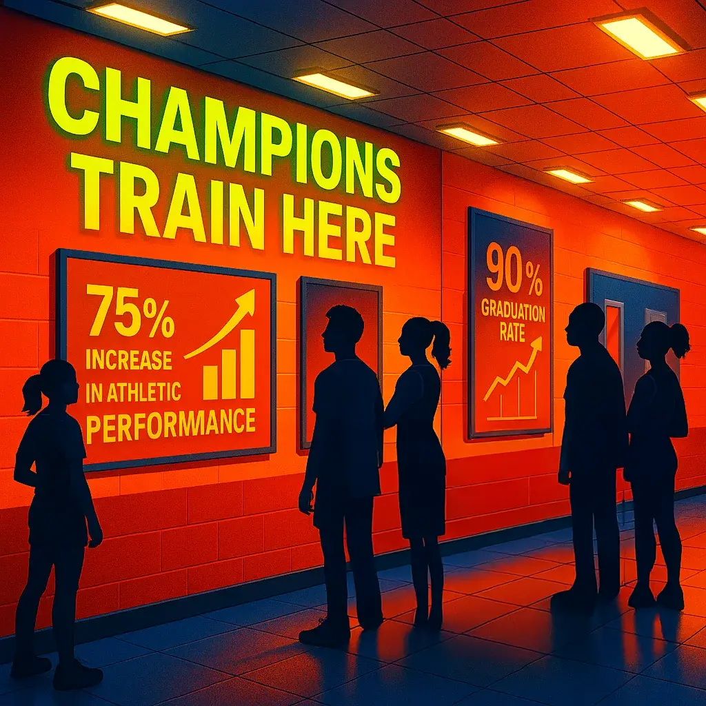 A vibrant, high-energy athletic facility hallway scene using Google font 'Suse'. Show large neon-lime and orange gradient banners displaying "CHAMPIONS TRAIN HERE" and achievement statistics.
