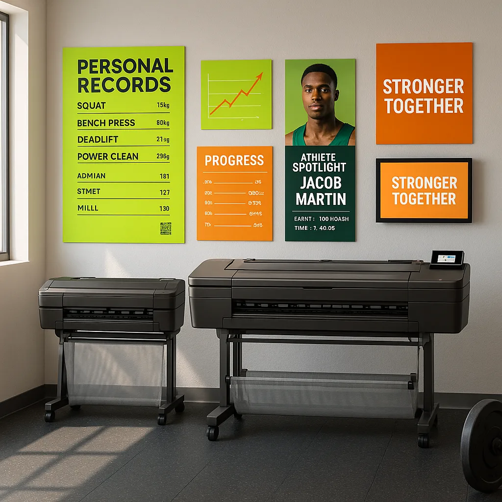 Design a athletic weight room bright, motivational wall displays using Google font ‘Suse’. Show large format posters “PERSONAL RECORDS” boards neon lime and orange color schemes. Include visual Design a athletic weight room bright, motivational wall displays using Google font 'Suse'. Show large format posters "PERSONAL RECORDS" boards neon lime and orange color schemes. Include visual