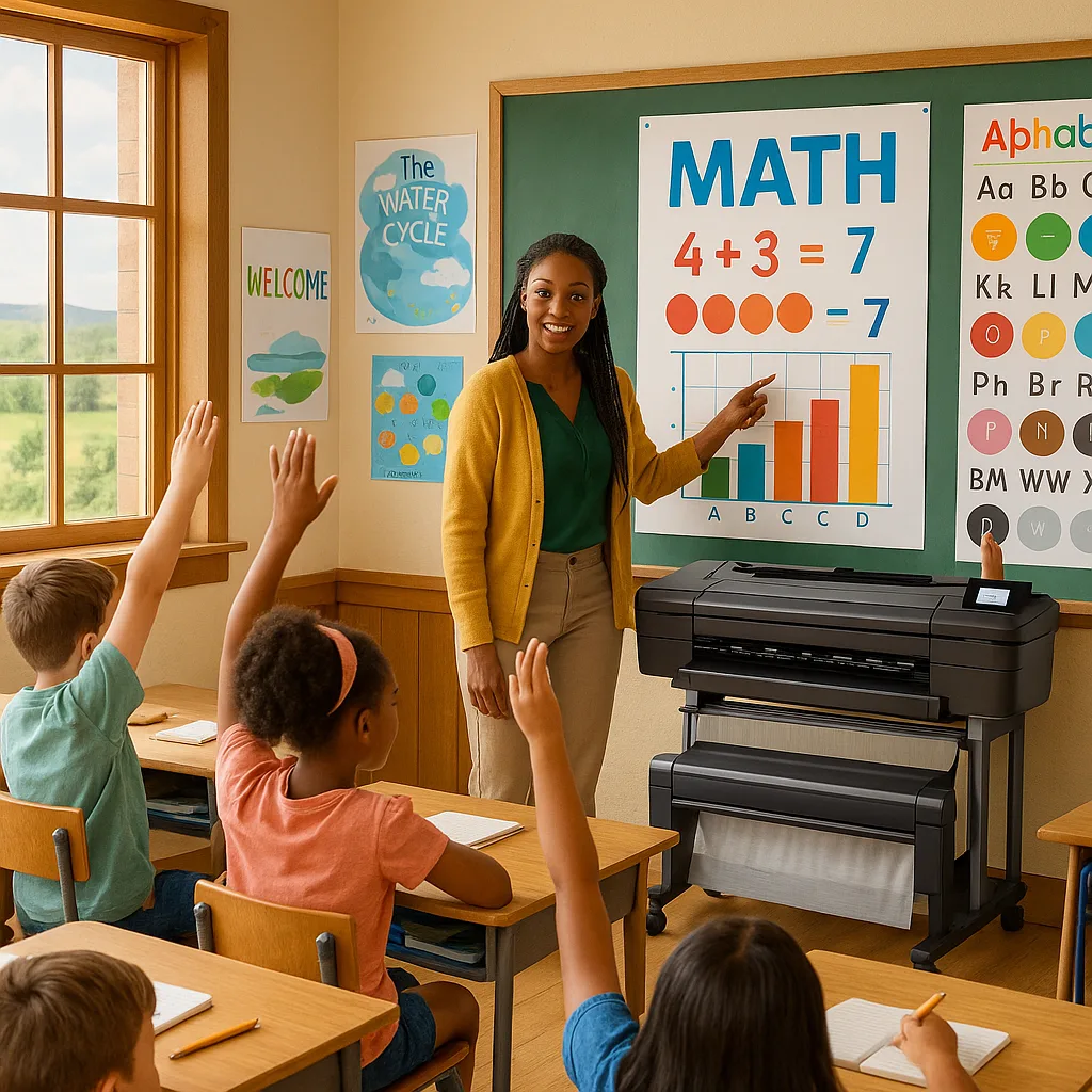 A bright, hopeful classroom scene in a rural school setting diverse elementary students engaged colorful educational posters on the walls. Include a teacher pointing to a math poster while