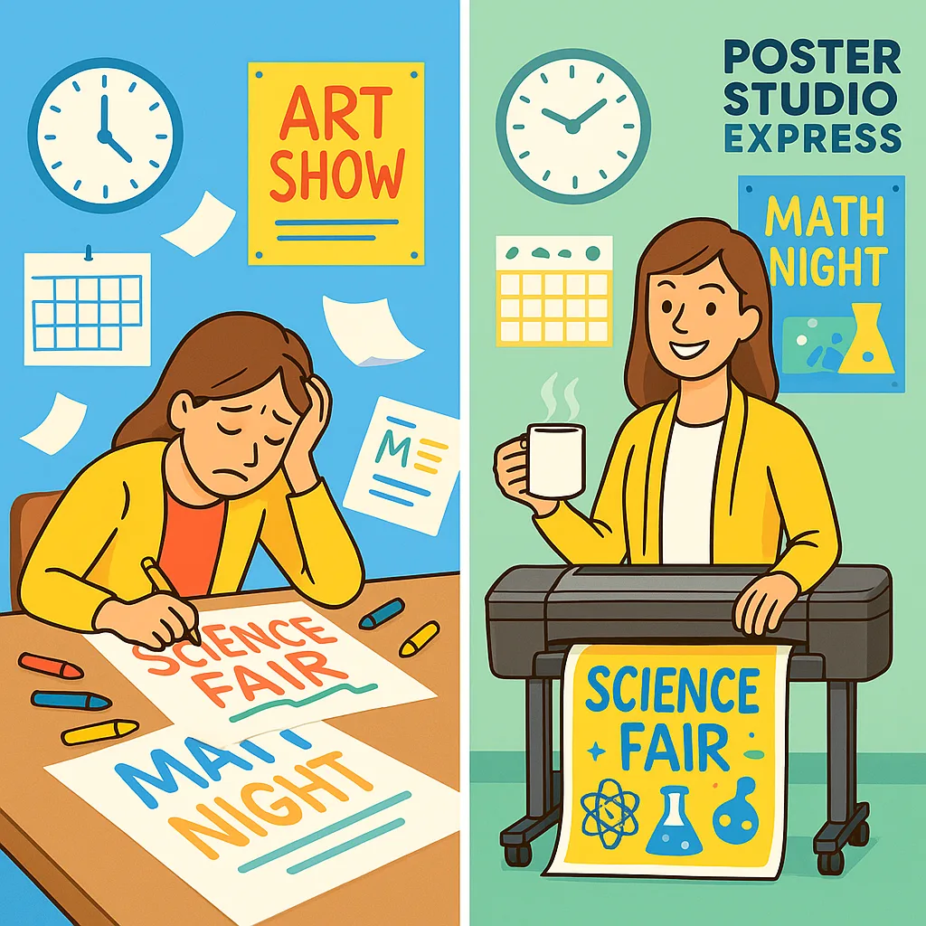 A bright, engaging classroom scene using Google font 'Suse'. Show a split-screen comparison: on the left, a tired teacher hunched over a table markers and half-finished hand-lettered posters,