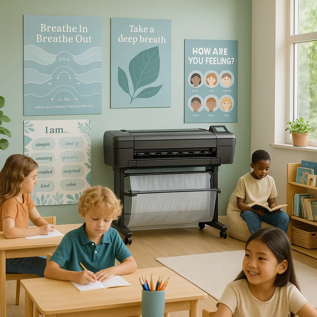 A serene classroom environment soft sage green and dusty blue wall posters nature-inspired patterns and calming affirmations. Wide-angle view shows organized visual zones a mindfulness corner A serene classroom environment soft sage green and dusty blue wall posters nature-inspired patterns and calming affirmations. Wide-angle view shows organized visual zones a mindfulness corner