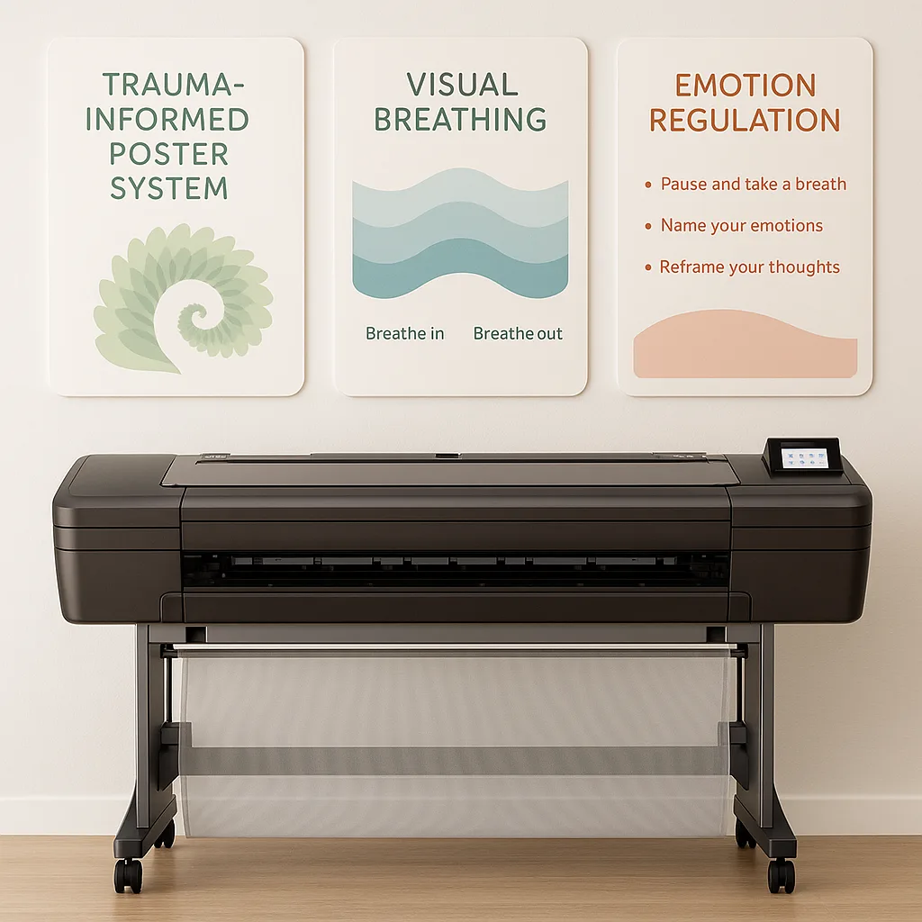 Close-up view of a trauma-informed poster system three coordinated posters: one a fractal nature pattern in soft greens, another displaying a visual breathing technique gentle wave graphics in