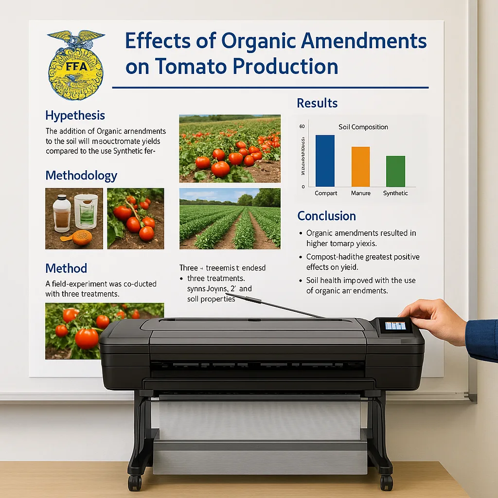 A close-up view of a agricultural science poster display sections hypothesis, methodology equipment photos, colorful data visualizations comparing crop yields, and conclusion bullets. The poster