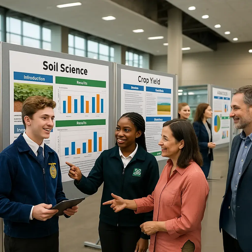 A vibrant, wide-format scene FFA and 4-H students in official jackets presenting large research posters at an agricultural science fair. The setting includes a exhibition hall multiple posters.