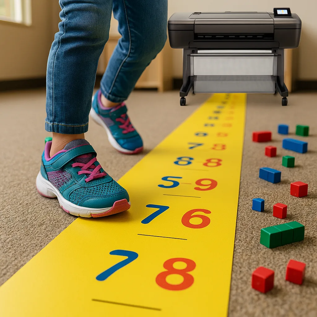 Close-up photograph of a kindergarten student’s feet stepping on a yellow number line that extends along a classroom floor. The number line shows numbers 0-20 6-inch spacing, printed on durable Close-up photograph of a kindergarten student's feet stepping on a yellow number line that extends along a classroom floor. The number line shows numbers 0-20 6-inch spacing, printed on durable