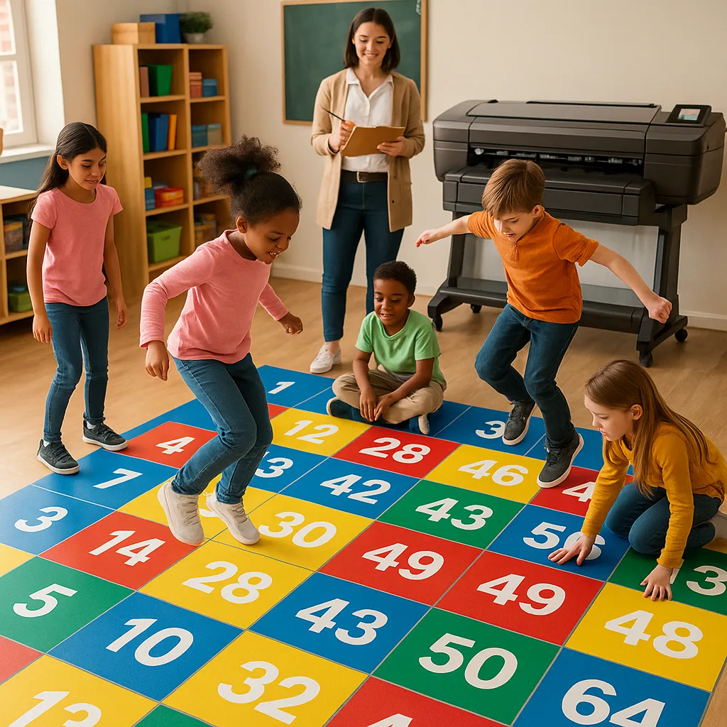 A bright, energetic classroom scene elementary students actively engaging a large floor multiplication grid. Children are jumping from square to square on a colorful 8x8 grid numbers prominently