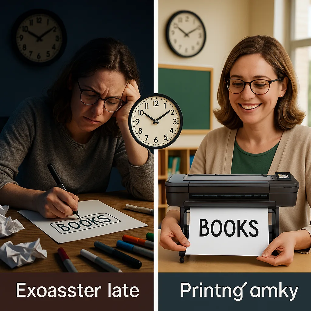 Design a split-screen comparison image. Left side: Show an exhausted teacher hand-drawing labels at a cluttered desk late at night, crumpled papers and worn markers scattered around. Right side: