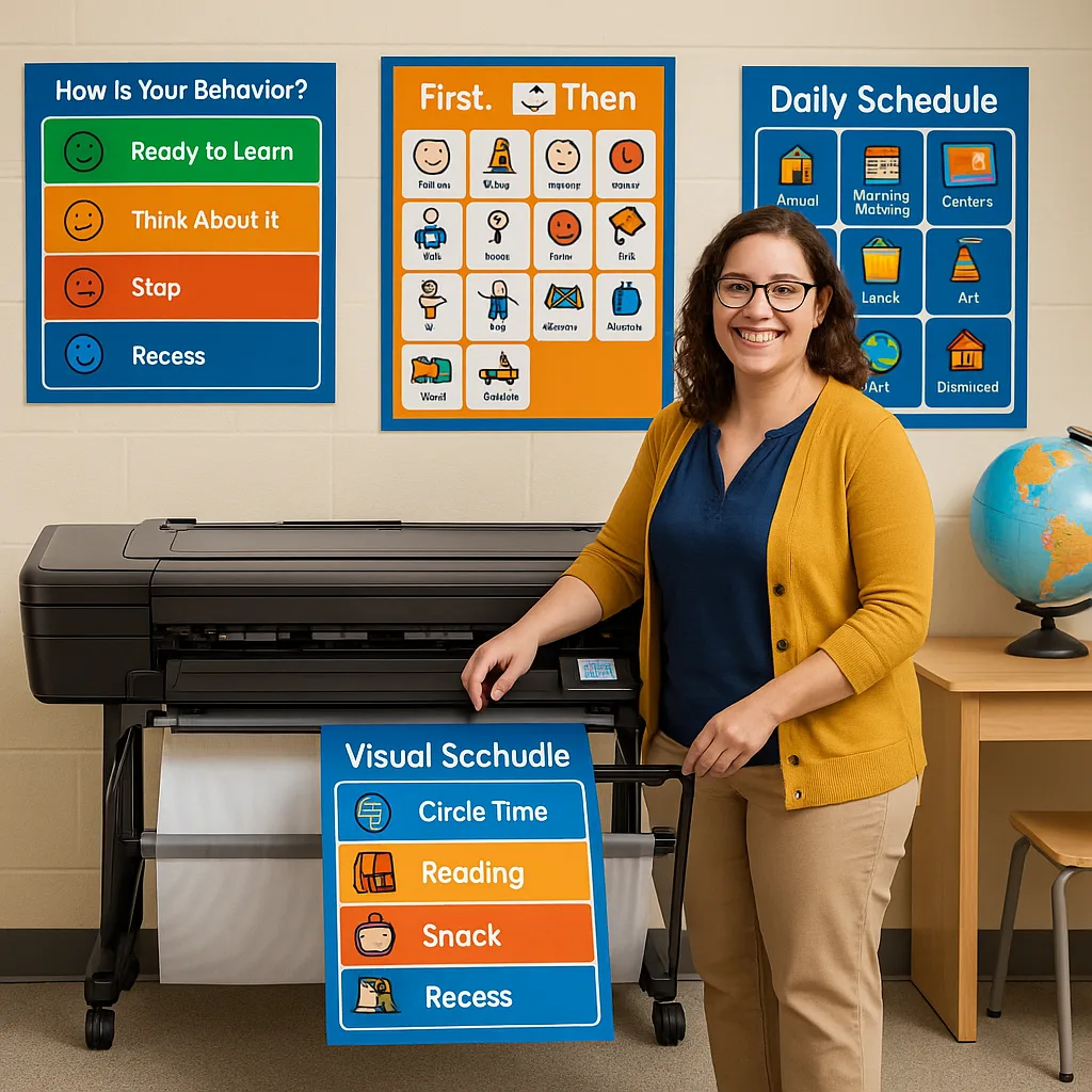 A bright, classroom scene a special education teacher using a poster printer to create colorful visual schedules and classroom labels. The teacher should appear relaxed and happy, finished