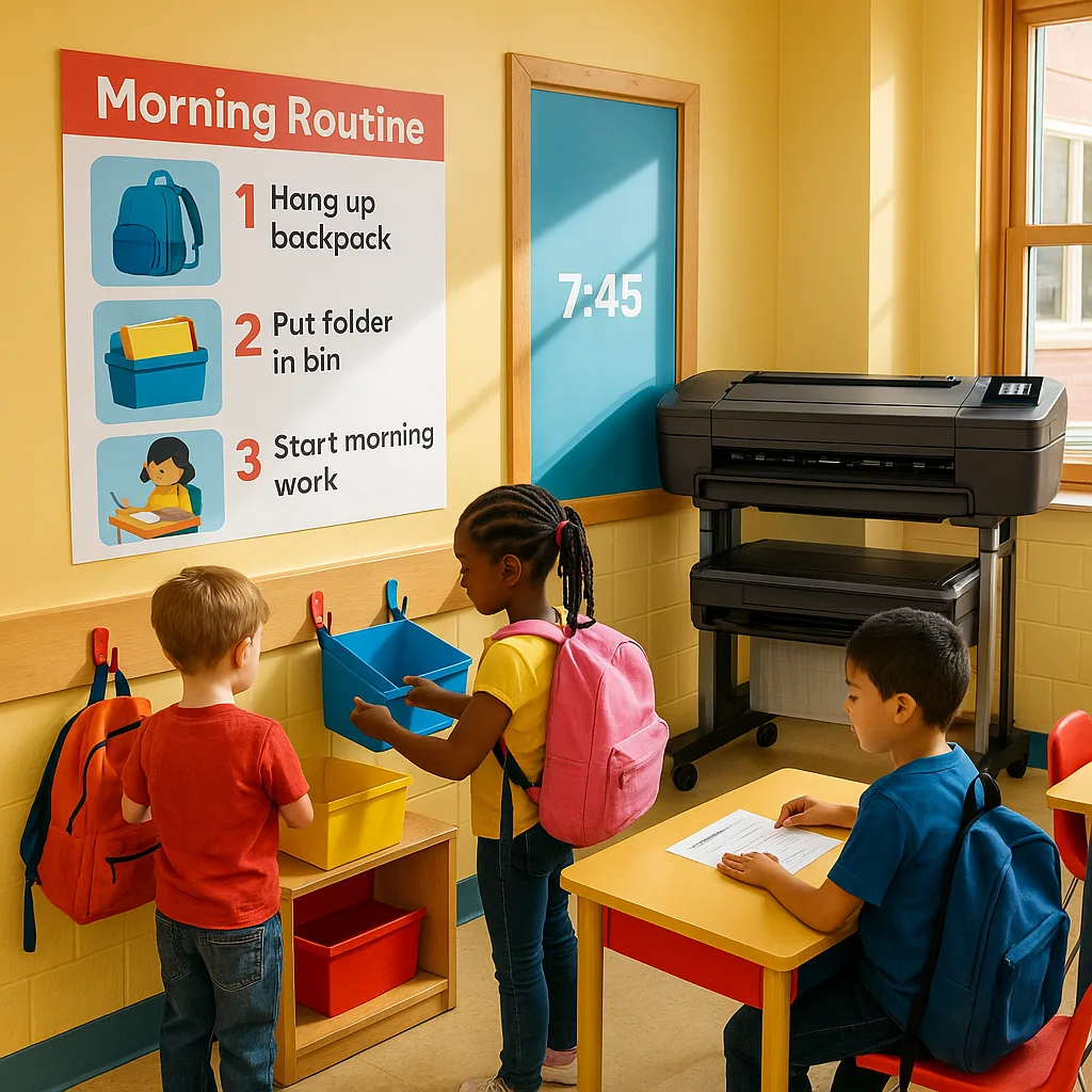 A bright, cheerful elementary classroom entrance at 7:45 AM organized morning routine visual posters on the walls. Include colorful step-by-step visual cards backpack hooks, folder bins, and