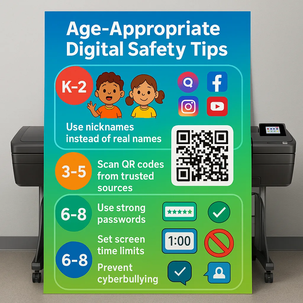 Design an infographic-style poster “Age-Appropriate Digital Safety Tips” three sections for K-2, 3-5, and 6-8 grades. Use simple cartoon characters for K-2 section, interactive QR codes for 3-5, Design an infographic-style poster "Age-Appropriate Digital Safety Tips" three sections for K-2, 3-5, and 6-8 grades. Use simple cartoon characters for K-2 section, interactive QR codes for 3-5,