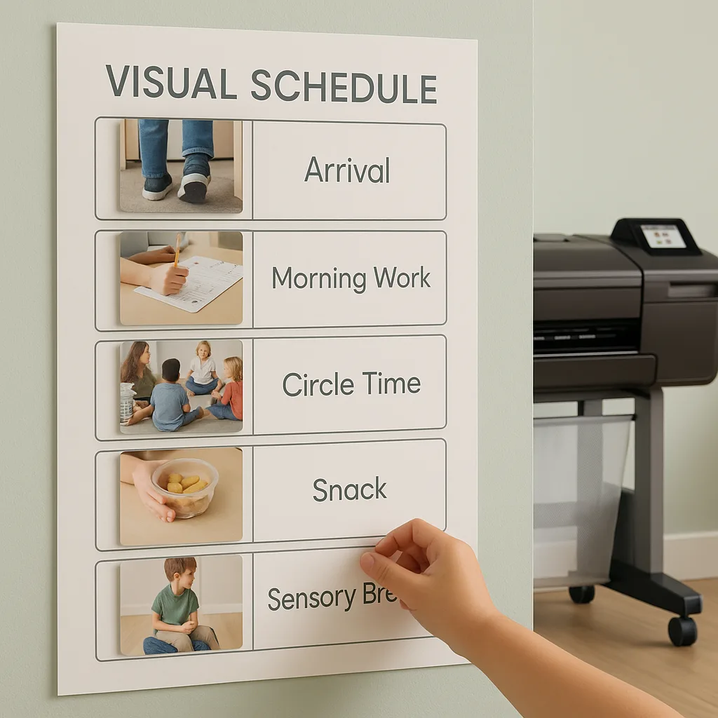 Design a close-up view of a sensory-smart visual schedule board created a poster maker, muted natural colors (soft blues, sage greens, warm grays). Show clear spacing between each activity card