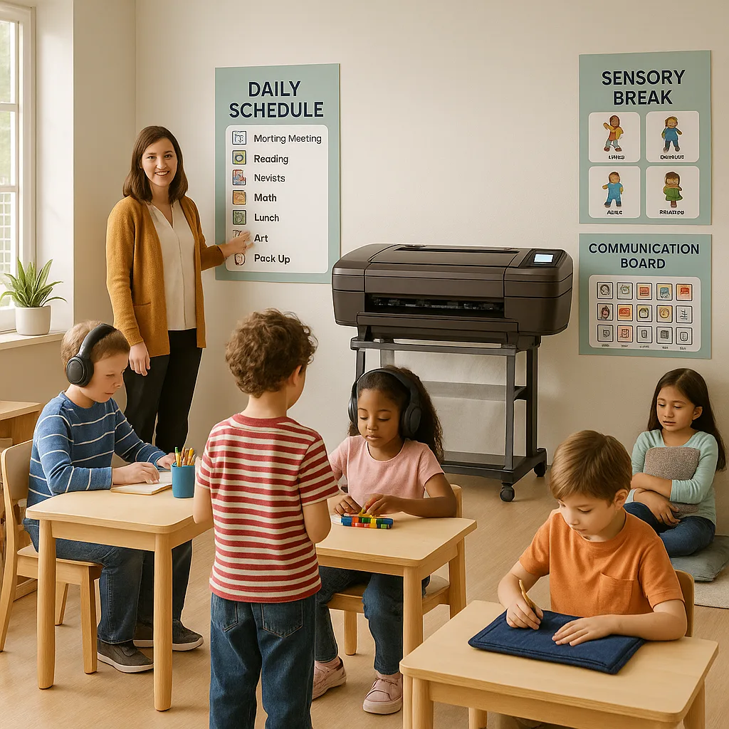 A bright, engaging classroom scene a diverse group of students those visible neurodivergent traits (fidget tools, noise-canceling headphones, weighted lap pads) working comfortably in a