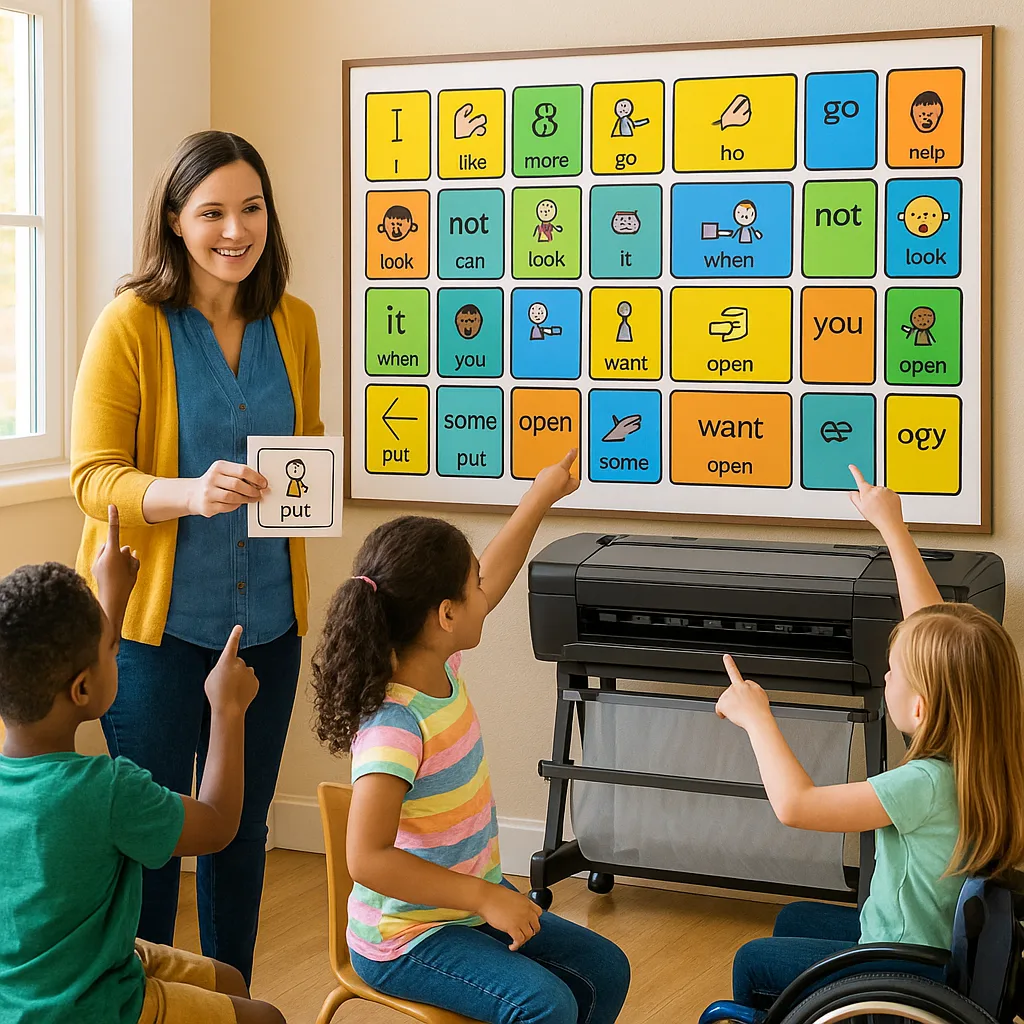 A bright, inclusive classroom scene a teacher and diverse students (one using a wheelchair) gathered around a large, colorful AAC communication board mounted on the wall. The board displays core A bright, inclusive classroom scene a teacher and diverse students (one using a wheelchair) gathered around a large, colorful AAC communication board mounted on the wall. The board displays core