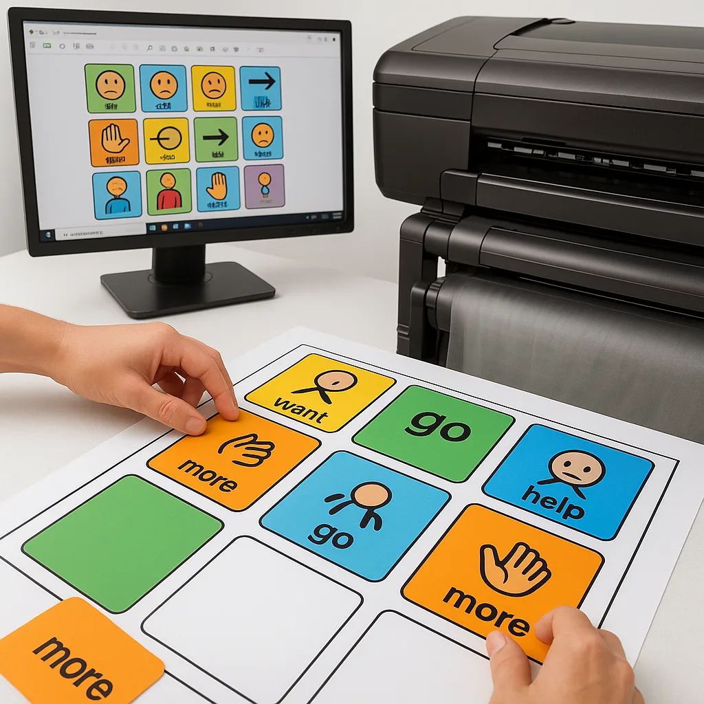 Close-up view of hands creating an AAC communication board using a poster maker printer. The scene shows someone arranging colorful symbol cards (words like “want,” “go,” “more,” “help”) on a Close-up view of hands creating an AAC communication board using a poster maker printer. The scene shows someone arranging colorful symbol cards (words like "want," "go," "more," "help") on a