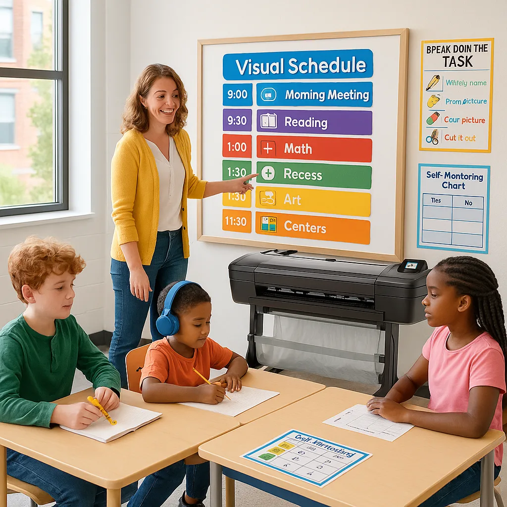 A bright, classroom setting a teacher and three diverse students (one visible ADHD fidget tools, one noise-canceling headphones suggesting autism) working together around a large, colorful visual A bright, classroom setting a teacher and three diverse students (one visible ADHD fidget tools, one noise-canceling headphones suggesting autism) working together around a large, colorful visual