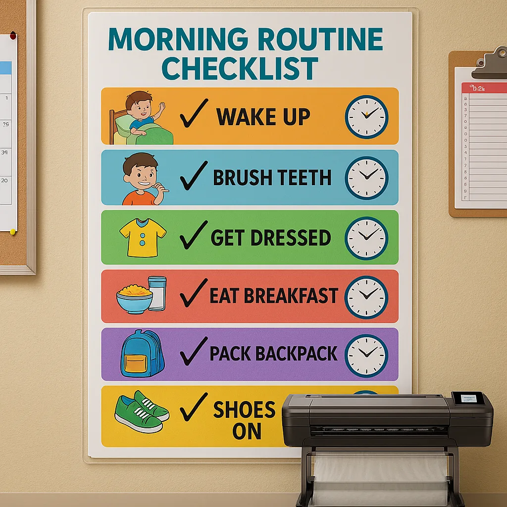 Close-up view of a professionally printed executive function support poster a “Morning Routine Checklist” visual icons and checkboxes. The poster should use bright, distinct colors for each step Close-up view of a professionally printed executive function support poster a "Morning Routine Checklist" visual icons and checkboxes. The poster should use bright, distinct colors for each step