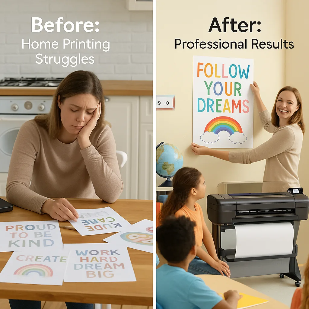 Split-screen image ‘Before’ and ‘After’ scenarios. Left side: A tired teacher at a home printer faded, small posters scattered on a kitchen table, looking frustrated. Right side: The same teacher Split-screen image 'Before' and 'After' scenarios. Left side: A tired teacher at a home printer faded, small posters scattered on a kitchen table, looking frustrated. Right side: The same teacher
