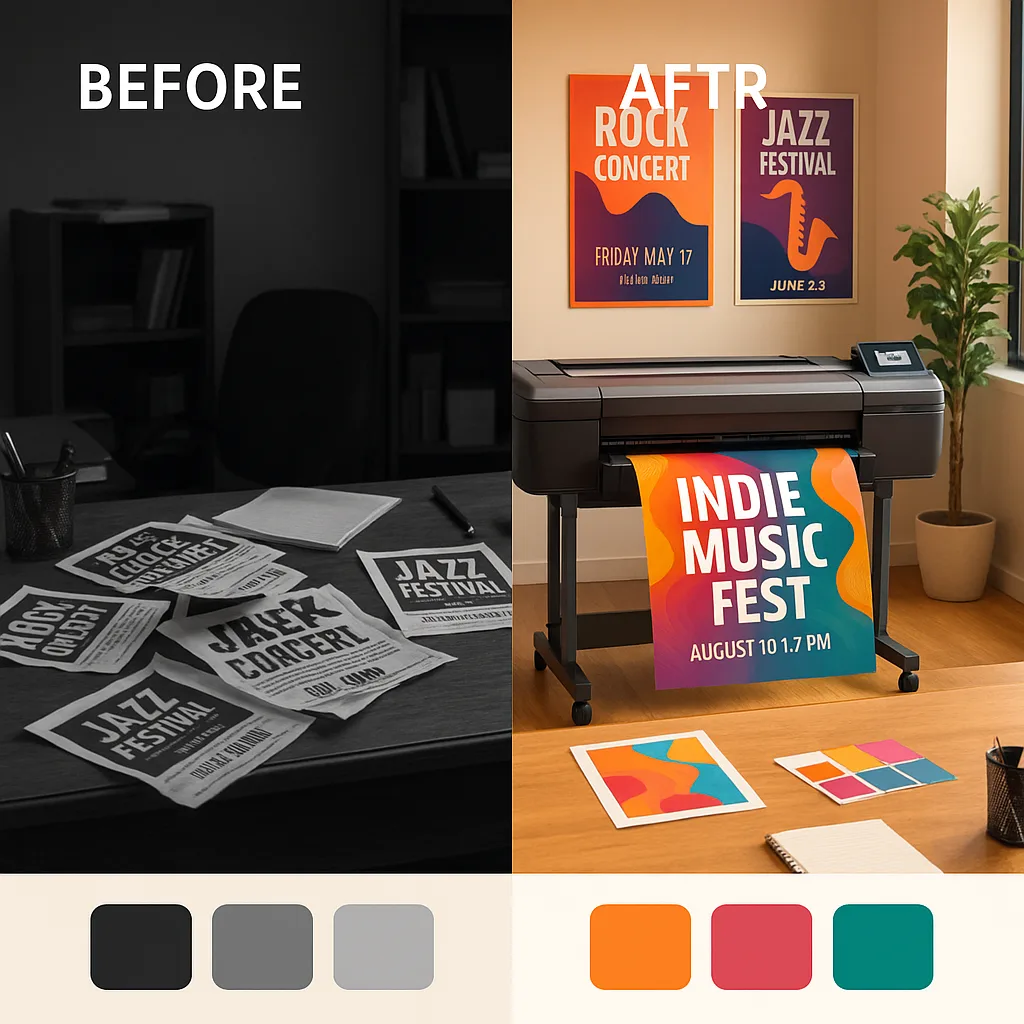 Design a compelling before-and-after split image. Left side: cramped music office black-and-white photocopied flyers scattered on a cluttered desk. Right side: organized music workspace a compact Design a compelling before-and-after split image. Left side: cramped music office black-and-white photocopied flyers scattered on a cluttered desk. Right side: organized music workspace a compact