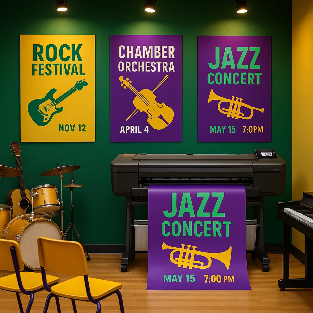 A vibrant, inspirational image a school music room concert posters displayed on the walls. Include a sleek poster printer in the corner producing a colorful concert announcement. Show musical