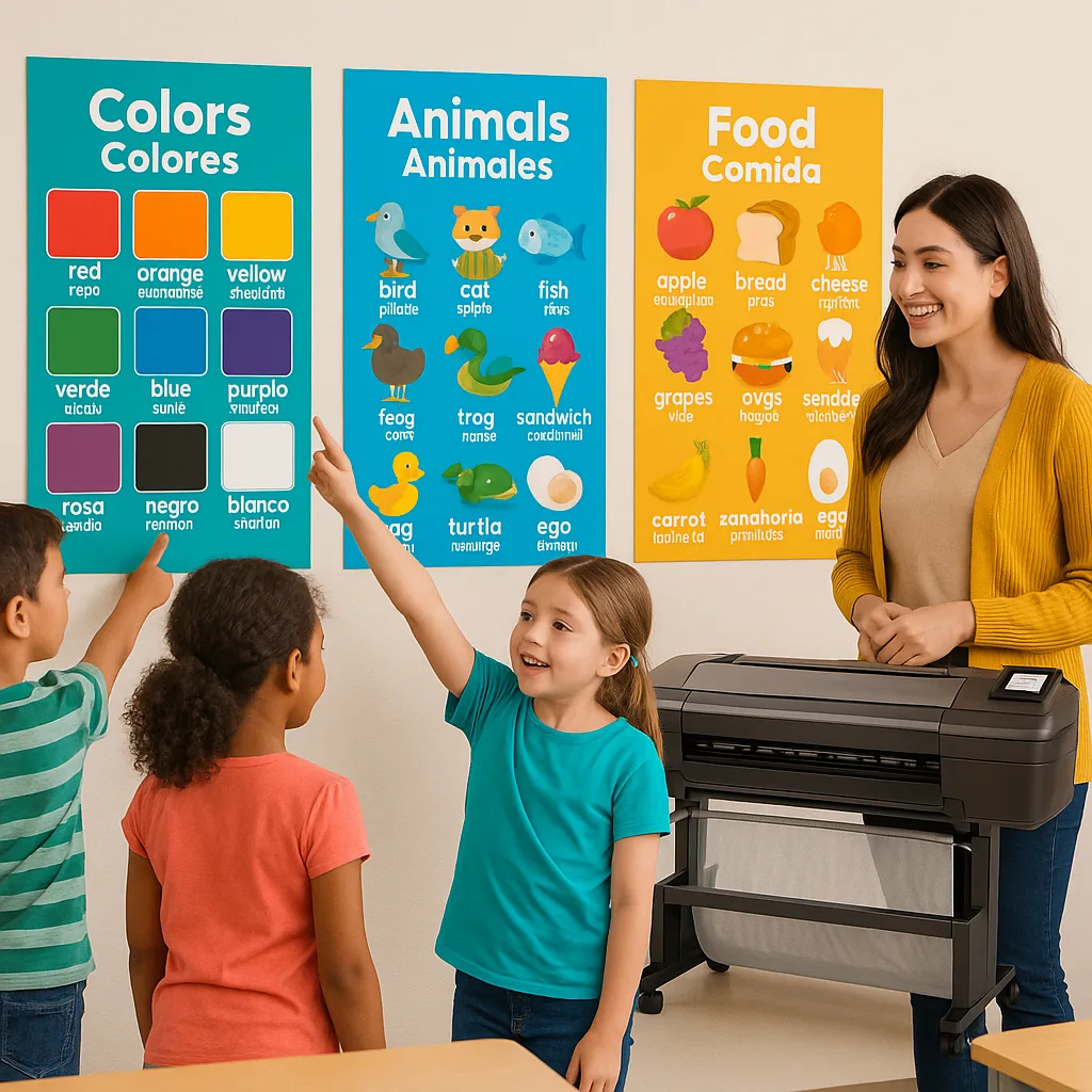 A bright, engaging classroom scene a teacher and diverse ELL students interacting large, colorful dual-language posters on the walls. The posters should display vocabulary words in English and A bright, engaging classroom scene a teacher and diverse ELL students interacting large, colorful dual-language posters on the walls. The posters should display vocabulary words in English and