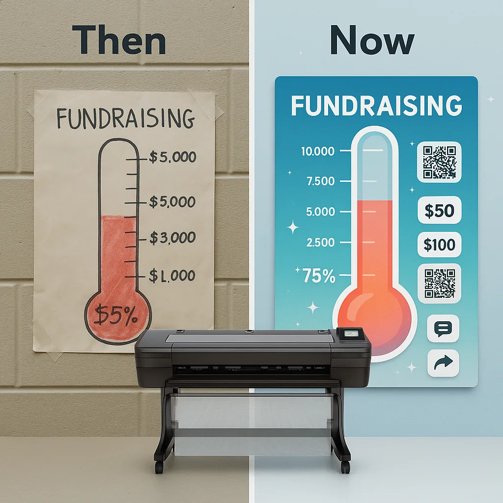 Design a split-screen comparison image “Traditional vs. Modern” fundraising approaches. On the left side, show an old, faded paper thermometer taped to a cinderblock wall handwritten updates in Design a split-screen comparison image "Traditional vs. Modern" fundraising approaches. On the left side, show an old, faded paper thermometer taped to a cinderblock wall handwritten updates in