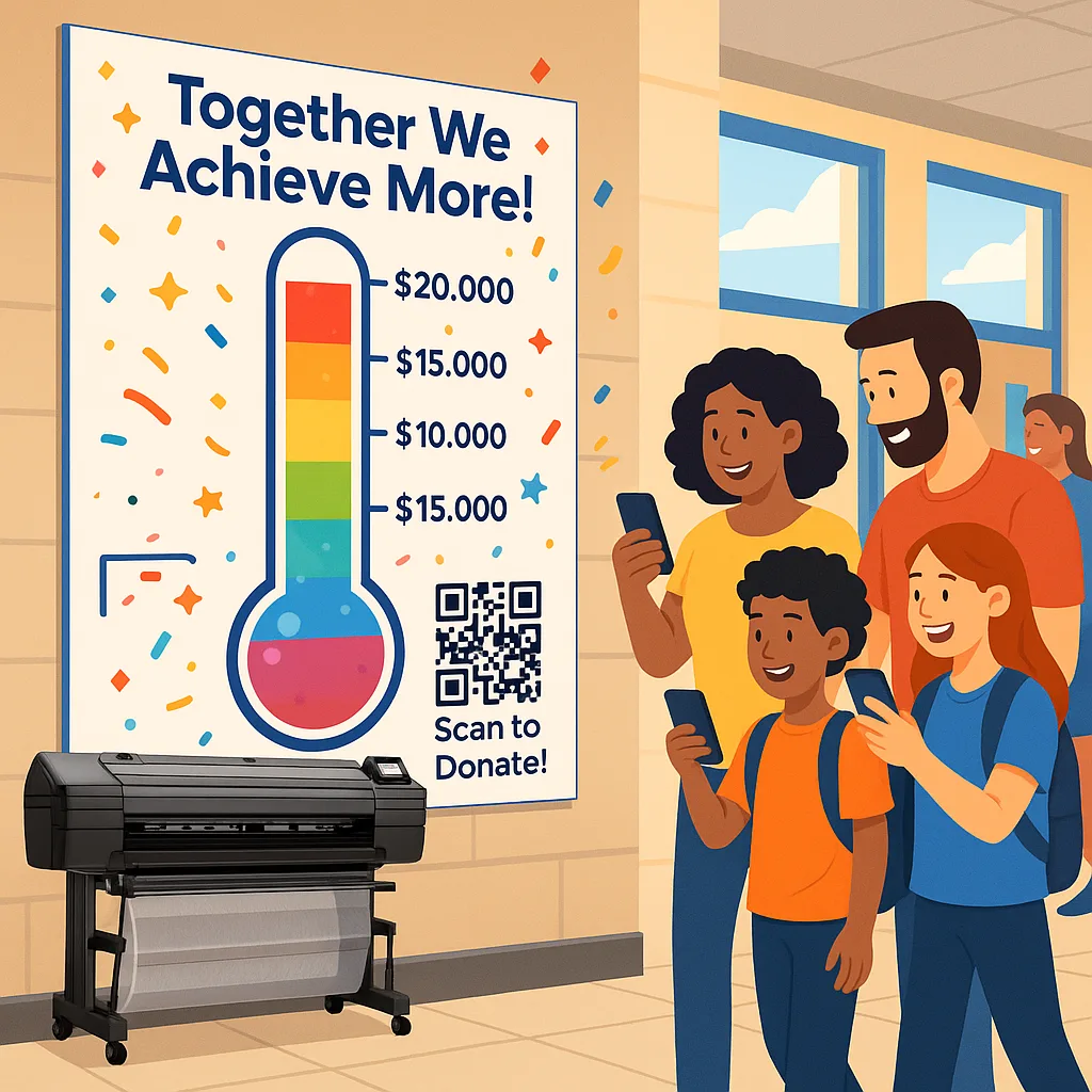 A vibrant, energetic illustration a large, fundraising thermometer display (at least 3 feet tall) mounted on a school wall. The thermometer should be filled about 75% rainbow gradient colors (red A vibrant, energetic illustration a large, fundraising thermometer display (at least 3 feet tall) mounted on a school wall. The thermometer should be filled about 75% rainbow gradient colors (red