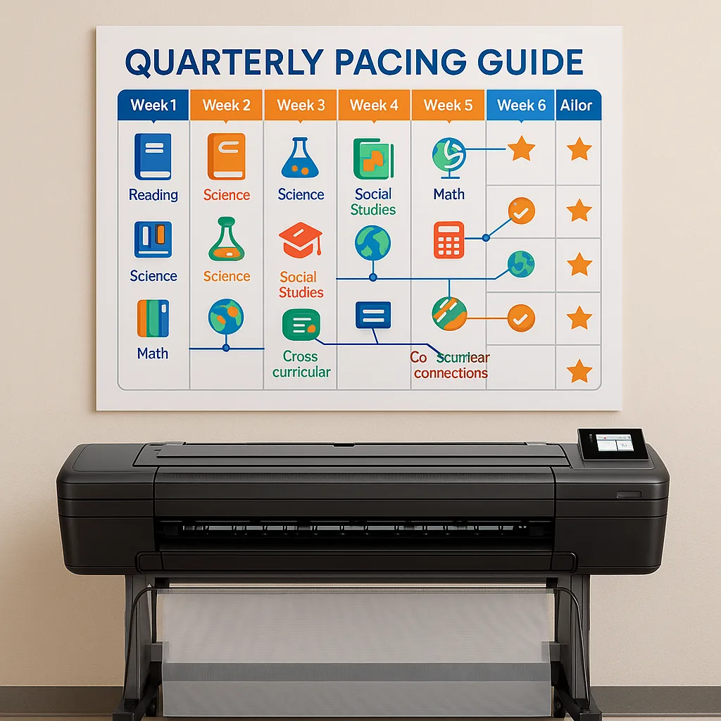A close-up of a quarterly pacing guide poster a visual timeline colorful sections for each week. Include icons representing different subjects, assessment checkpoints marked stars, and A close-up of a quarterly pacing guide poster a visual timeline colorful sections for each week. Include icons representing different subjects, assessment checkpoints marked stars, and