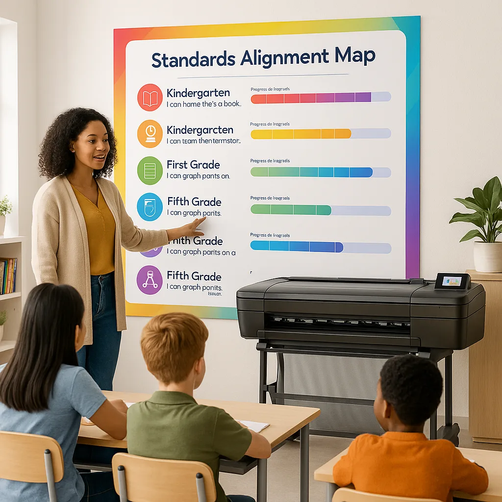 A bright, classroom setting a teacher pointing to a large, colorful wall-mounted visual standards alignment map. The poster displays grade-level standards icons, progress bars, and
