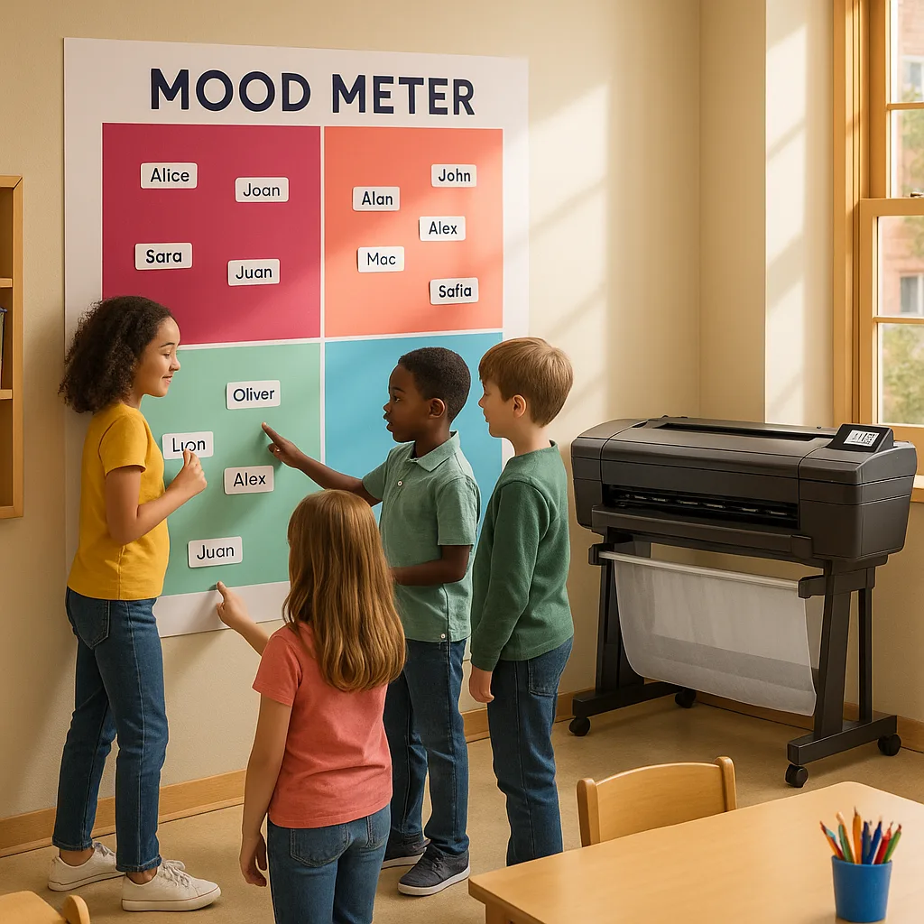 A vibrant, warmly-lit elementary classroom a large interactive mood meter on the wall (4x4 grid colorful quadrants in raspberry, coral, mint, and sky blue). Several diverse students aged 8-10 are