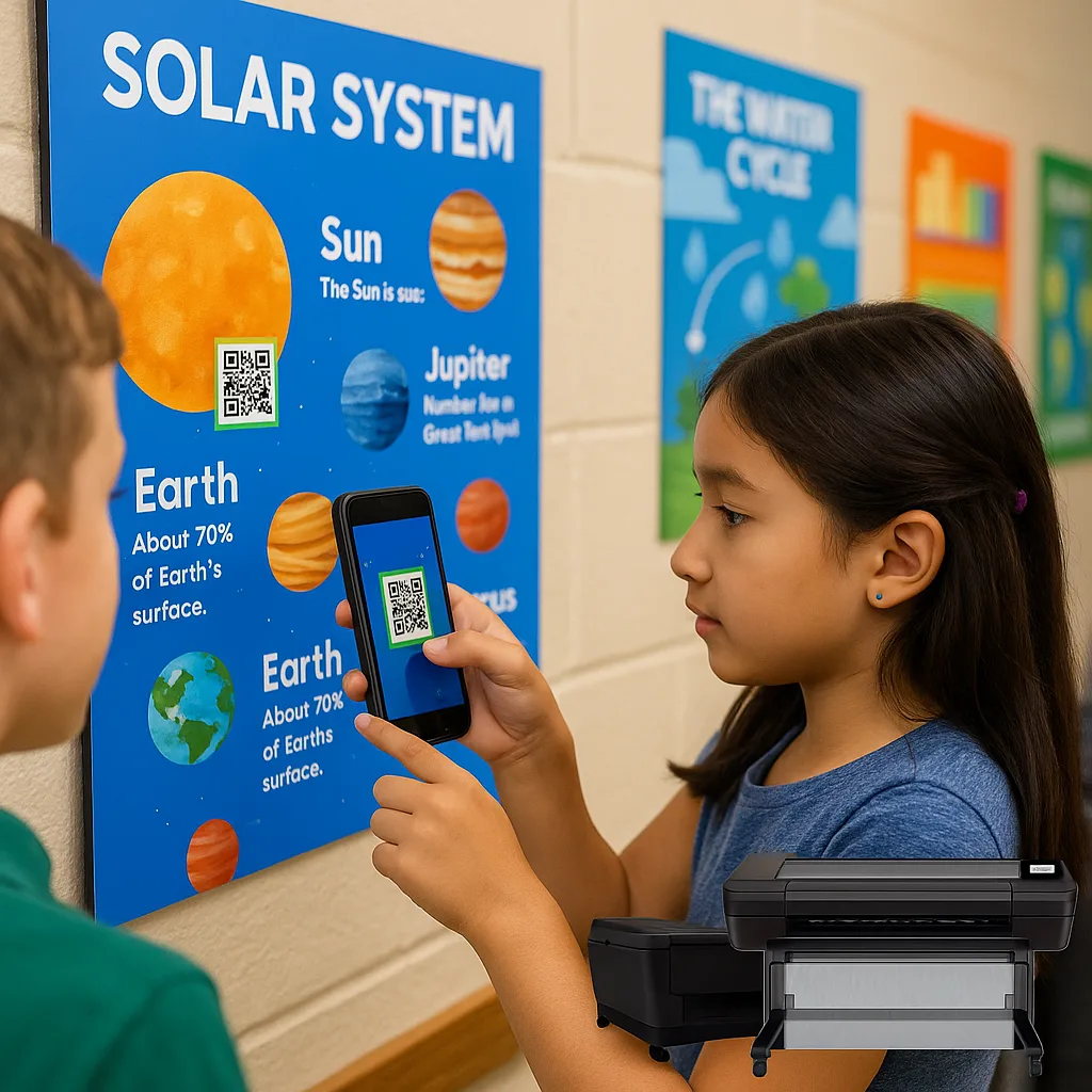 Close-up shot of elementary students scanning a QR code on a bright, laminated poster about the solar system. The poster features planets fun facts and AR markers. Background shows more posters Close-up shot of elementary students scanning a QR code on a bright, laminated poster about the solar system. The poster features planets fun facts and AR markers. Background shows more posters