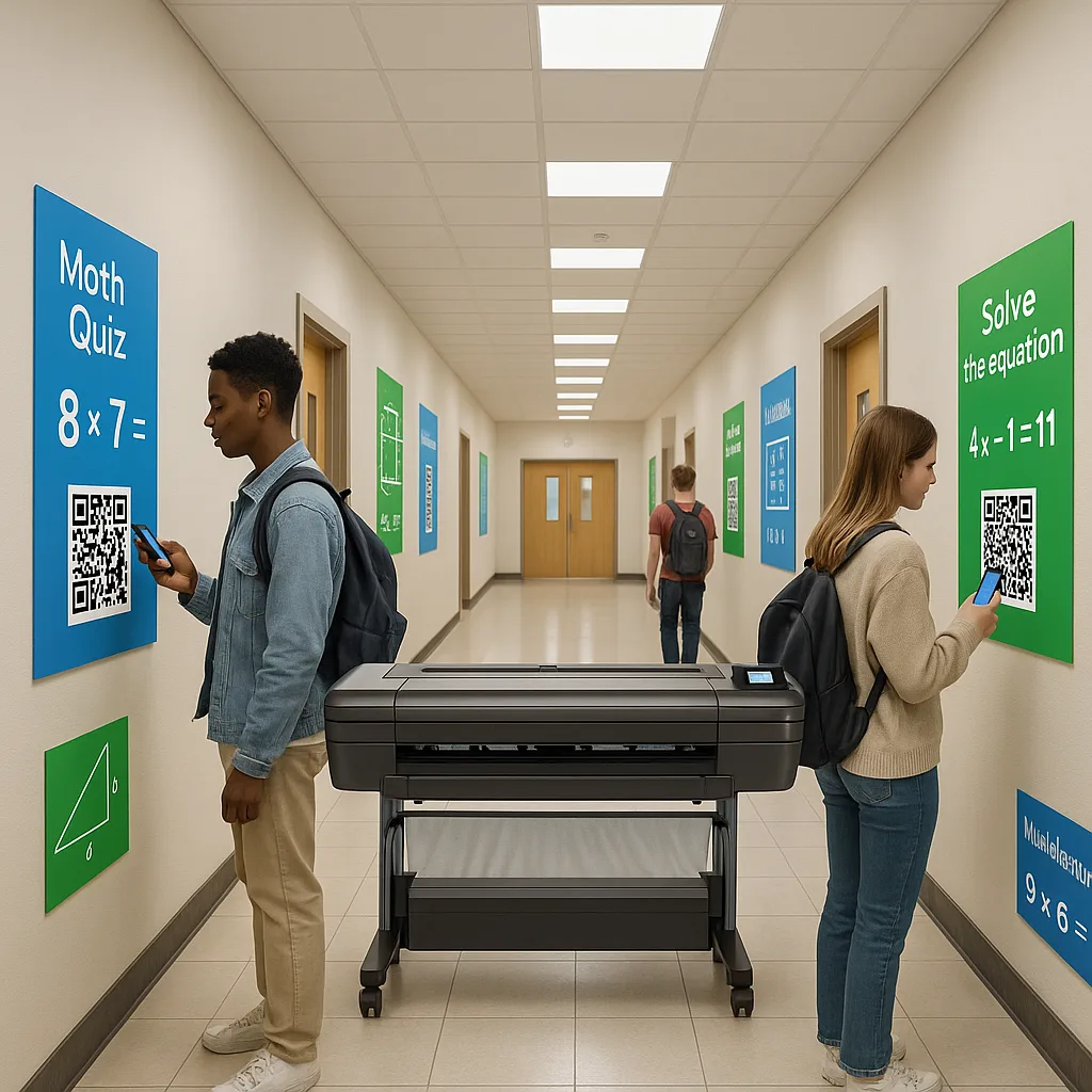 A bright, school hallway colorful educational posters lining both walls at different heights. Students are pausing to interact QR codes on math problem posters. The hallway has natural lighting A bright, school hallway colorful educational posters lining both walls at different heights. Students are pausing to interact QR codes on math problem posters. The hallway has natural lighting