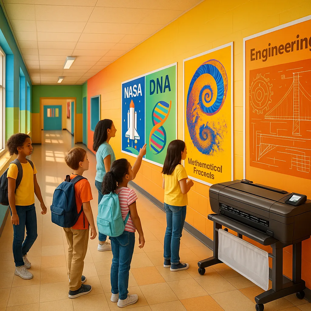 A vibrant, wide-format illustration showcasing a transformed rural school hallway museum-quality STEM displays. The scene shows diverse students actively engaging large, colorful posters NASA