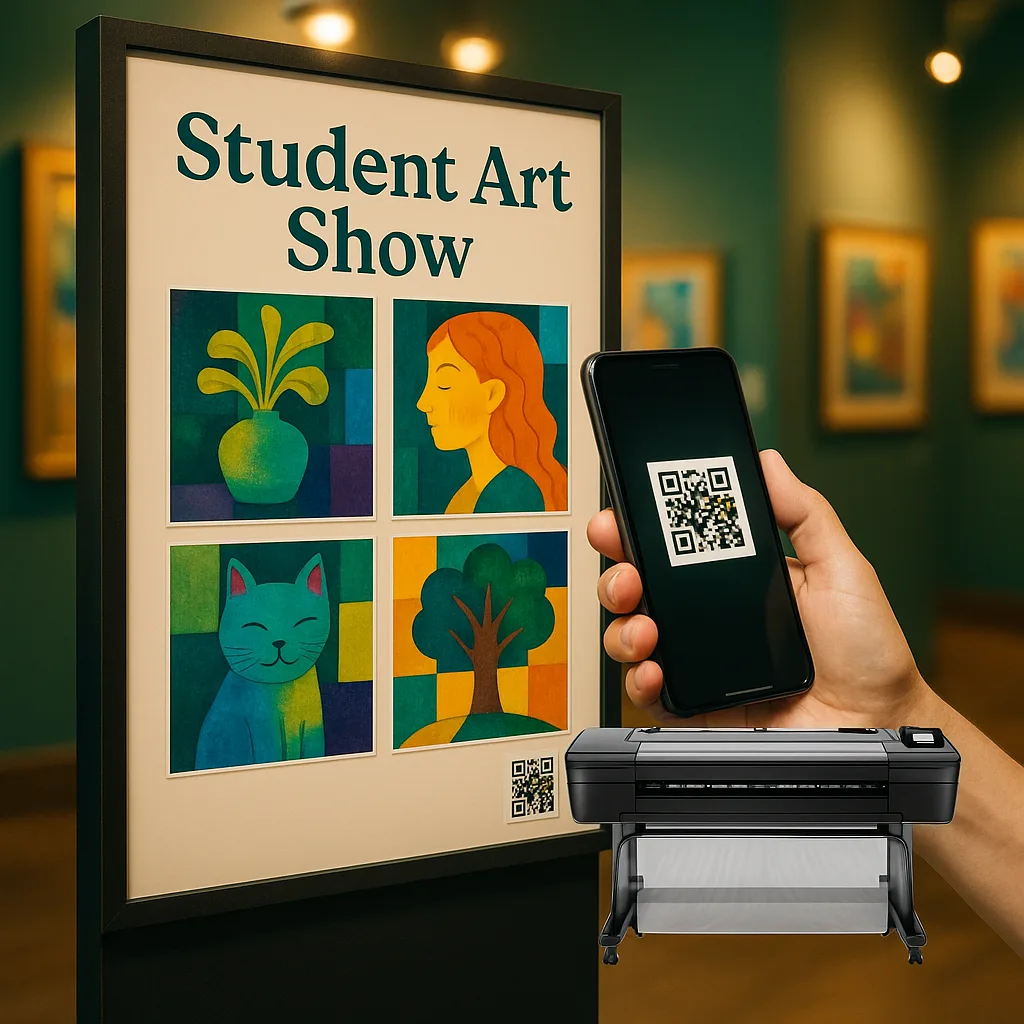 Close-up shot of a poster display colorful student artwork printed on glossy poster paper, mounted on a sleek display board museum-style lighting, a small QR code in the corner, parent’s hand Close-up shot of a poster display colorful student artwork printed on glossy poster paper, mounted on a sleek display board museum-style lighting, a small QR code in the corner, parent's hand