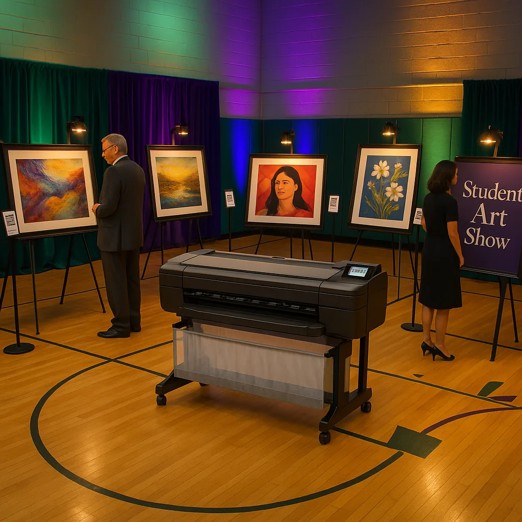 A vibrant, art gallery setup in a school gymnasium large-format student artwork displays on easels elegant lighting, parents in semi-formal attire viewing the pieces, QR code stands next to each