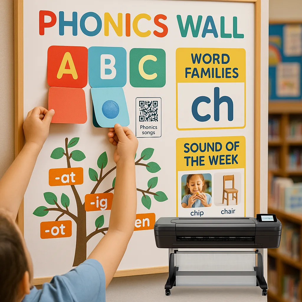 Interactive reading center with colorful literacy displays