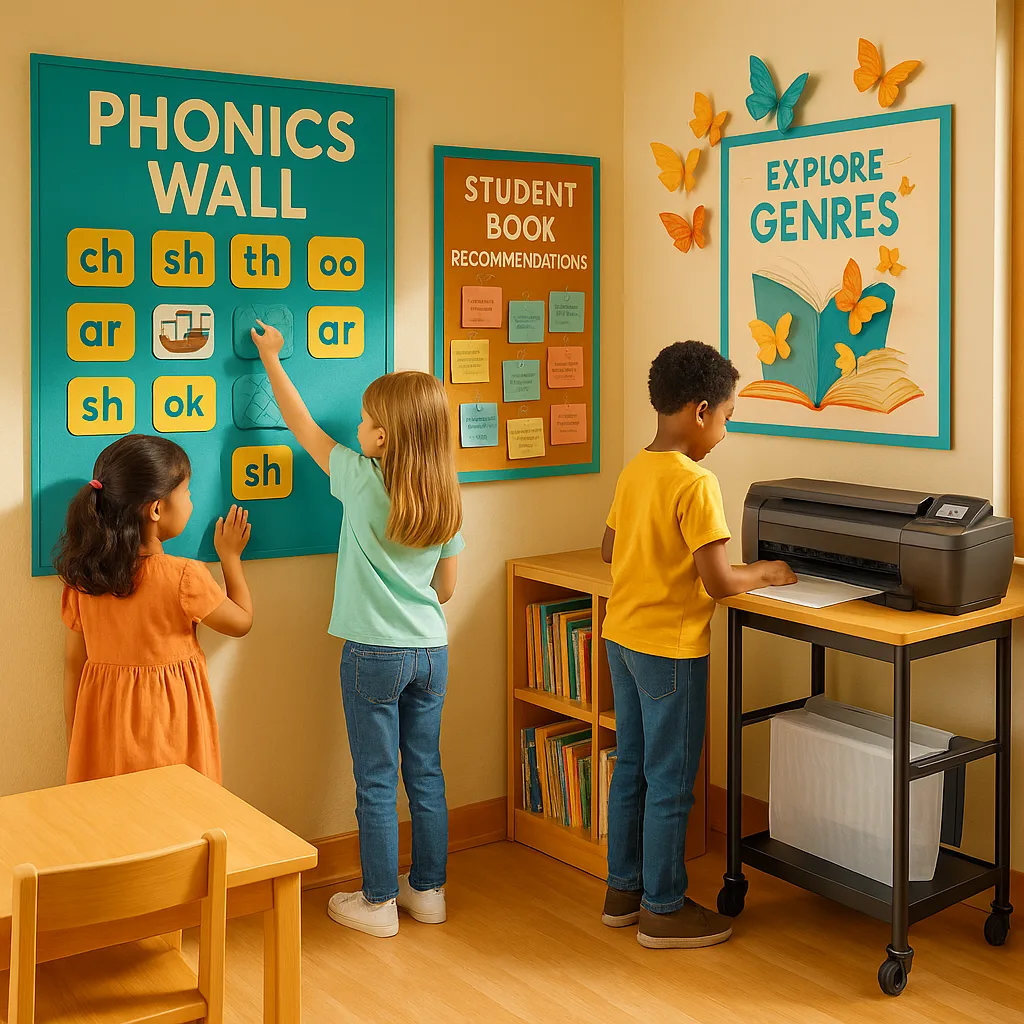 A vibrant, sunlit school library corner transformed into an interactive literacy center. The scene shows colorful poster displays at child-eye level phonics walls tactile elements, a genre