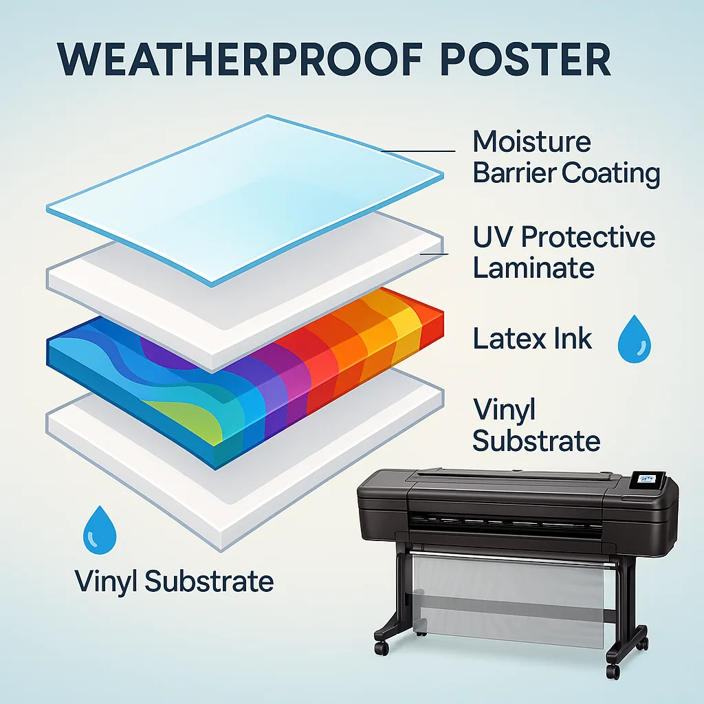 A close-up technical illustration the layers of a weatherproof poster in an exploded view diagram. From bottom to top: vinyl substrate layer, latex ink layer colors, UV protective laminate layer,