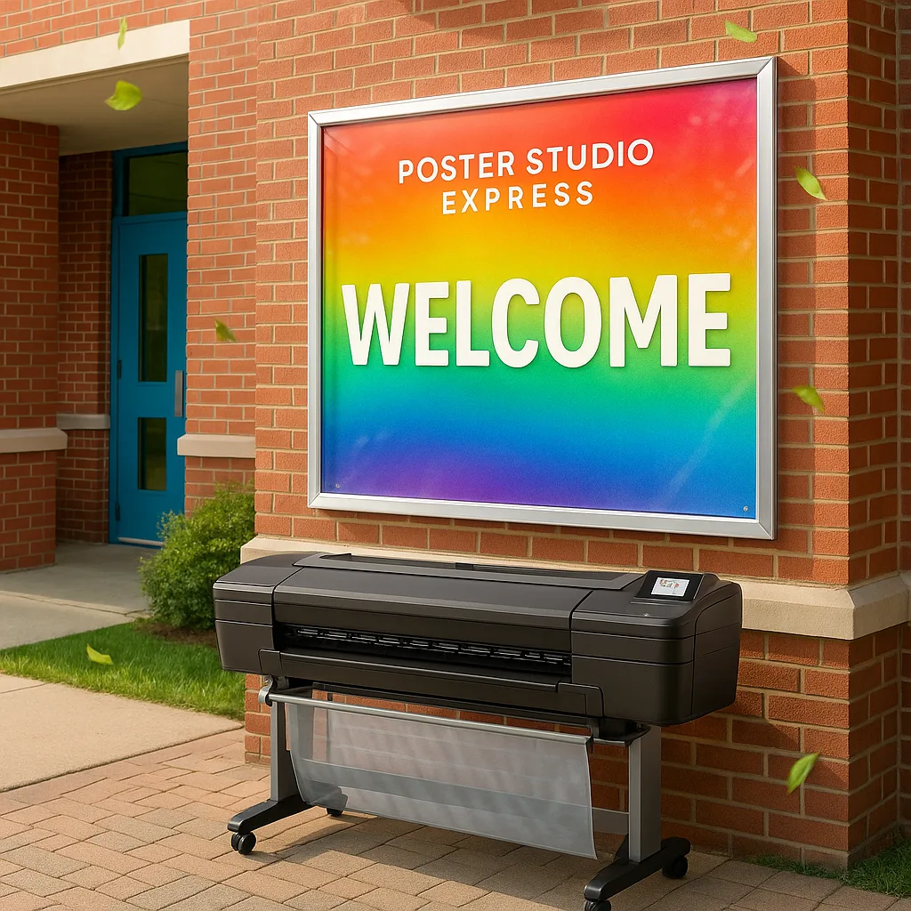 A educational poster display mounted outdoors at a school entrance, a large colorful welcome banner created a poster making machine. The display features rainbow gradient colors typical of Poster