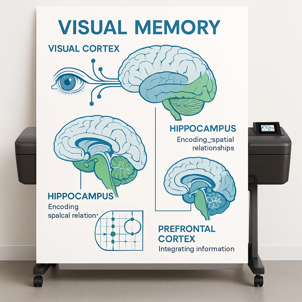 An infographic-style poster the three brain systems involved in visual memory: visual cortex (illustrated eye and neural pathways), hippocampus (shown encoding spatial relationships), and An infographic-style poster the three brain systems involved in visual memory: visual cortex (illustrated eye and neural pathways), hippocampus (shown encoding spatial relationships), and