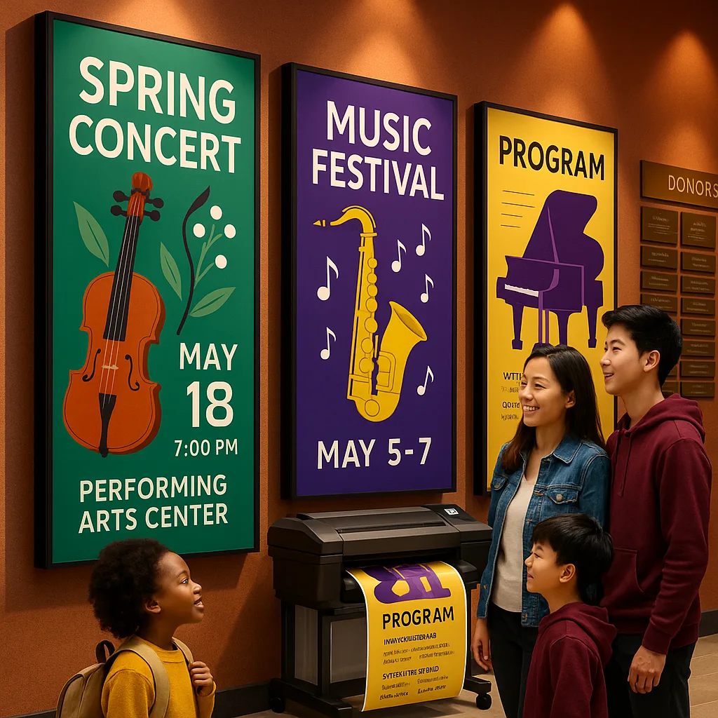A vibrant, concert hall lobby scene large-format music posters, program displays, and donor recognition boards. Use the Google font 'Suse' for any visible text. Include musical instruments as
