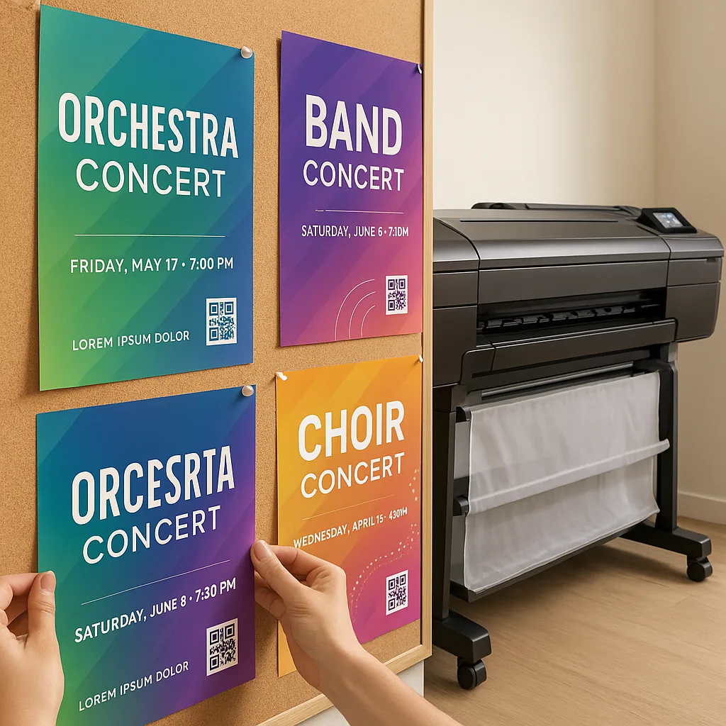 Design a close-up view of hands arranging beautiful concert promotion posters on a display board. Show various poster designs different music ensembles - orchestra, band, and choir. Use the Google
