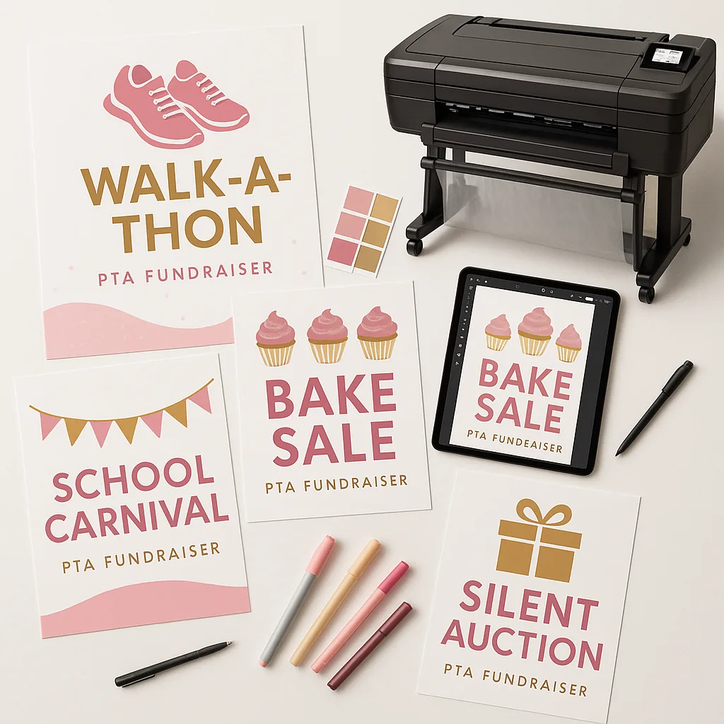 Design a flat-lay composition showcasing various PTA fundraising poster designs spread across a white table. Include posters for different events: a walk-a-thon poster running shoes graphics, a